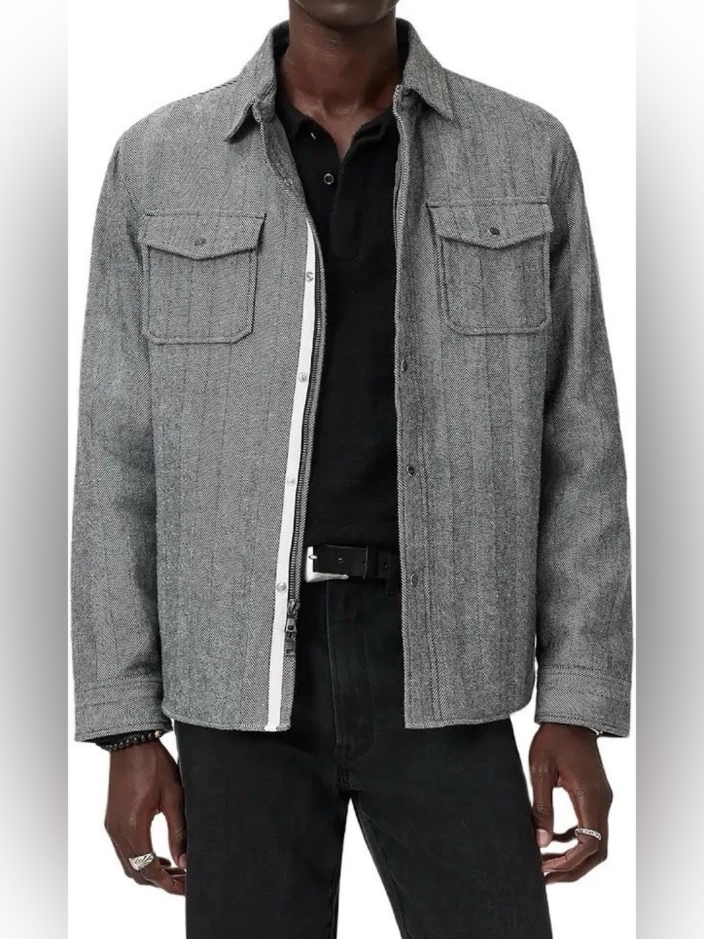 NWT John Varvatos Jacket 48 Gray Herringbone Jameson Shirt 100% Cotton Full Zip